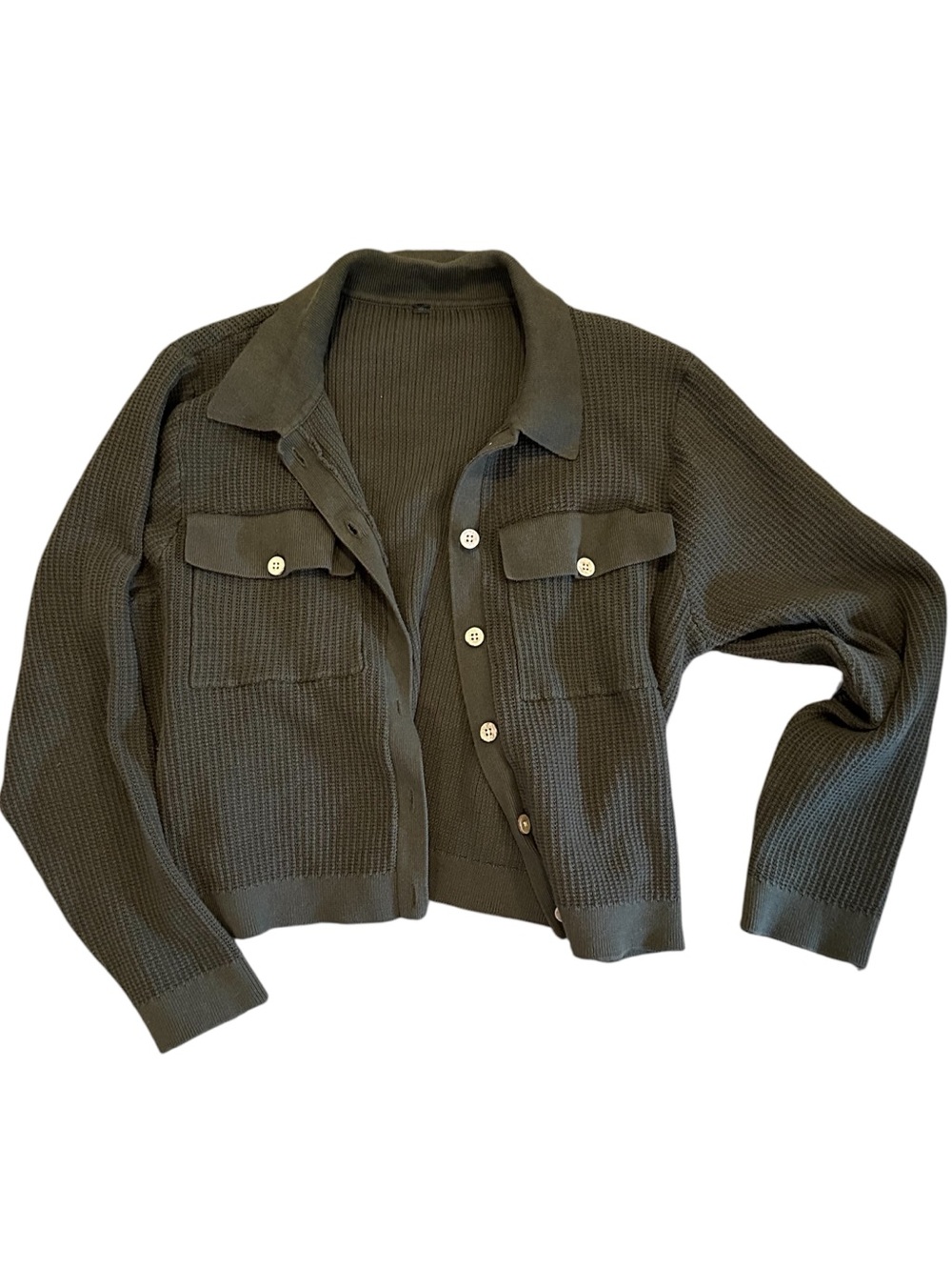 Women's Olive Waffle Green Knit Button-Up Cardigan